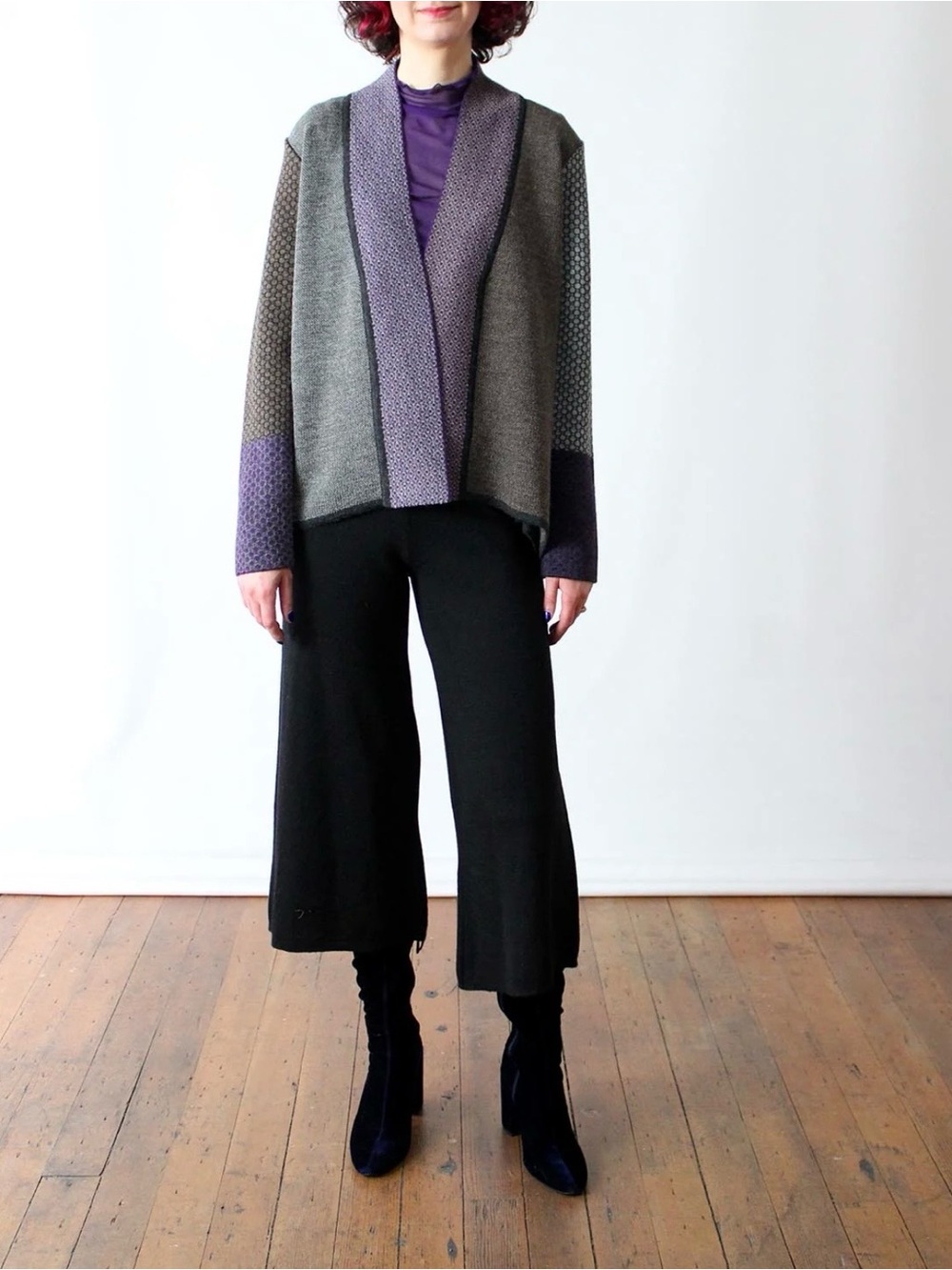 Baby Alpaca Beyond Threads-Purple + Gray Open Front Colorblock Cardingan.Size L